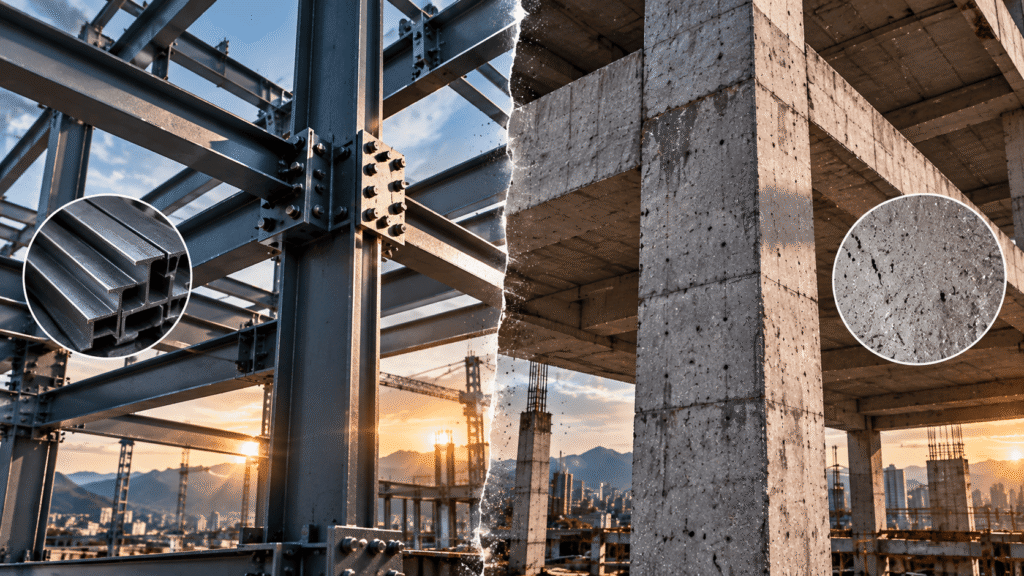 Acero y concreto trabajando juntos en una estructura en construcción