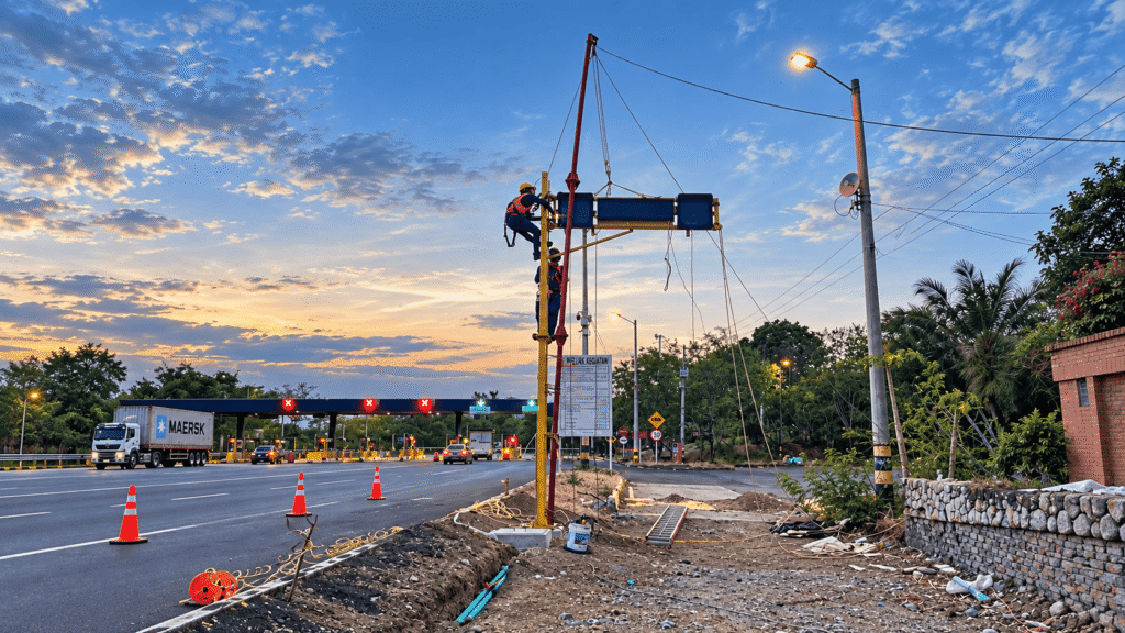 Infraestructura vial segura con señalización y defensas metálicas