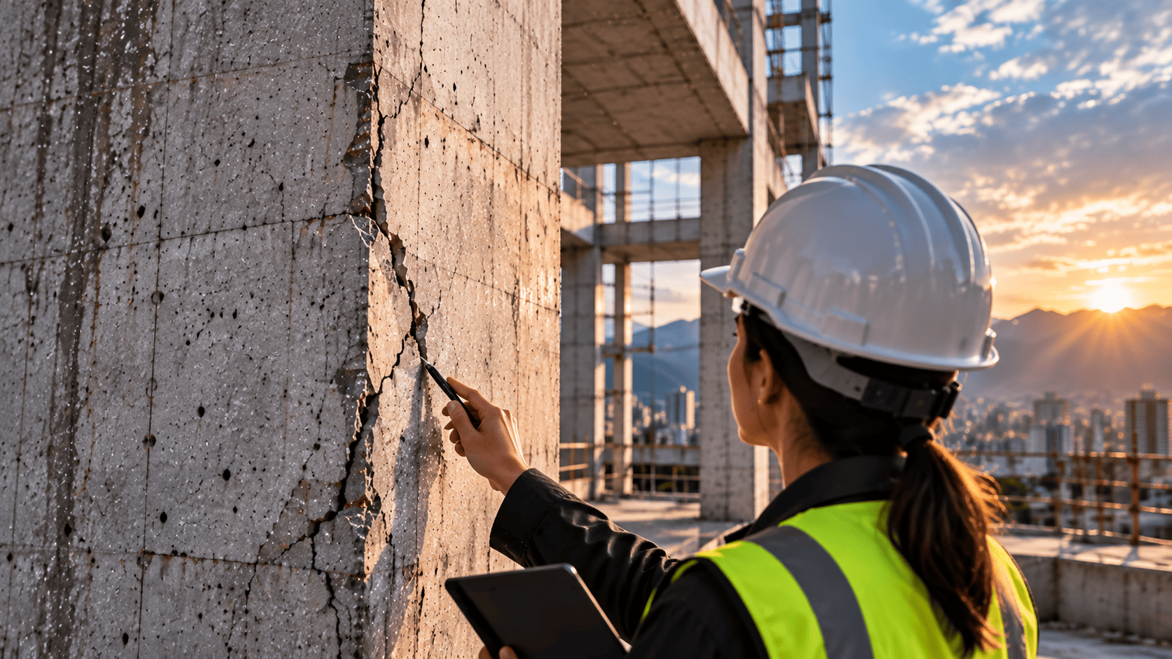 Grietas en el concreto revisadas durante una inspección de obra civil